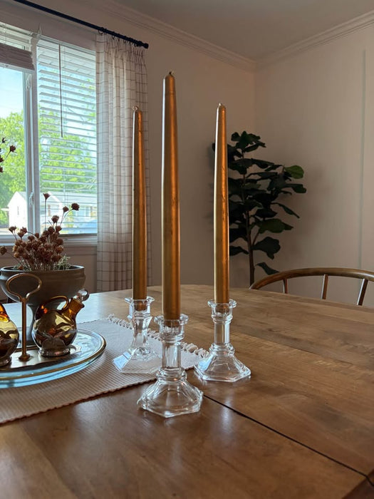 Set of 3 Glass Taper Candle Holders + Gold Candles | Modern Farmhouse Decor