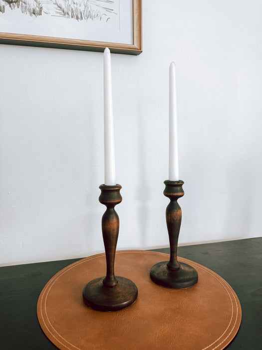 Dark Brown Wood Tapered Candle Stick Holder Set