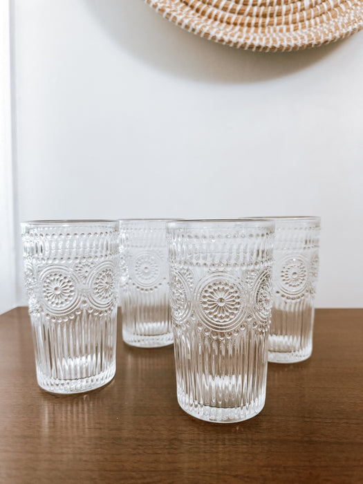 Set of 4 Vintage-Style Pressed Glass Tumblers – Embossed Clear Drinking Glasses – Retro Boho Mid Century Glassware