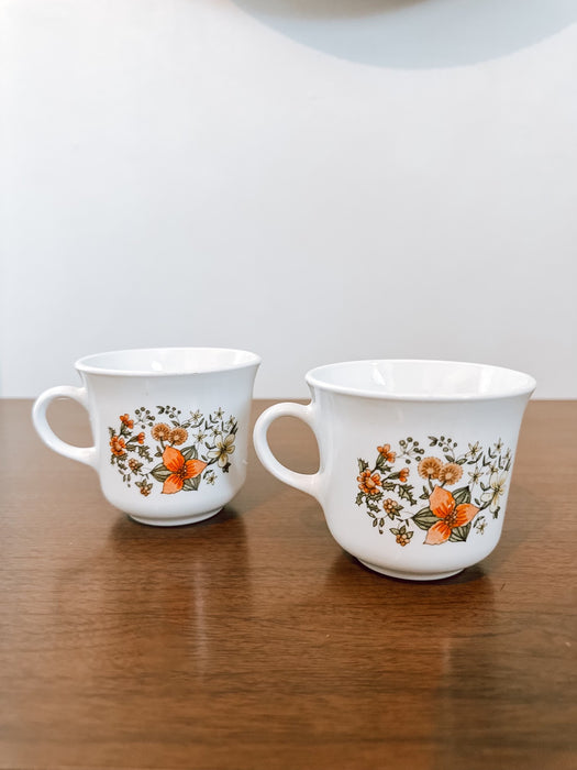Pair of Vintage Floral Coffee Mugs – White Milk Glass Style Mugs with Orange & Brown Flowers – 1970s Cottagecore Kitchen Decor