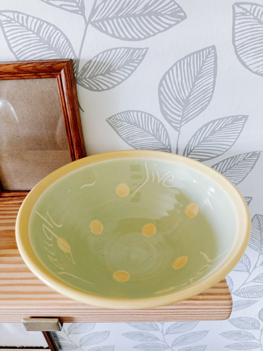 Handcrafted Pottery Bowl – Green with Yellow Polka Dots & "Live Laugh Love" Yellow and Green Ceramic Dish