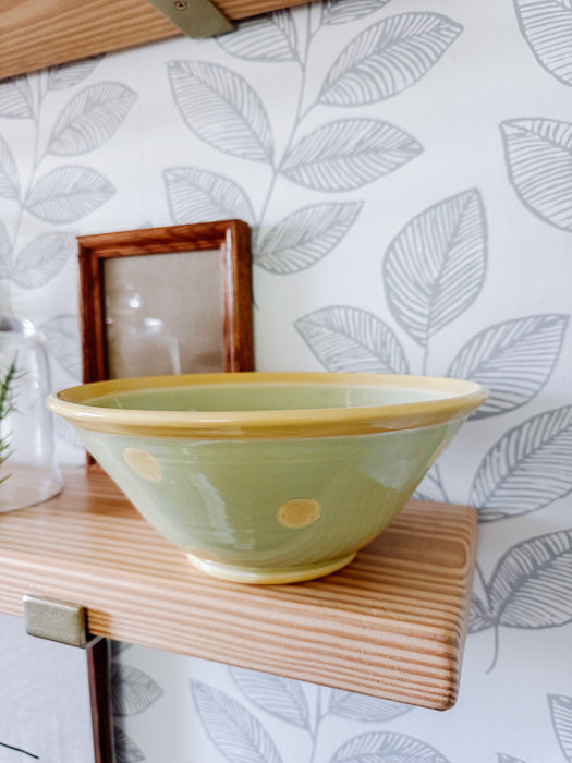 Handcrafted Pottery Bowl – Green with Yellow Polka Dots & "Live Laugh Love" Yellow and Green Ceramic Dish