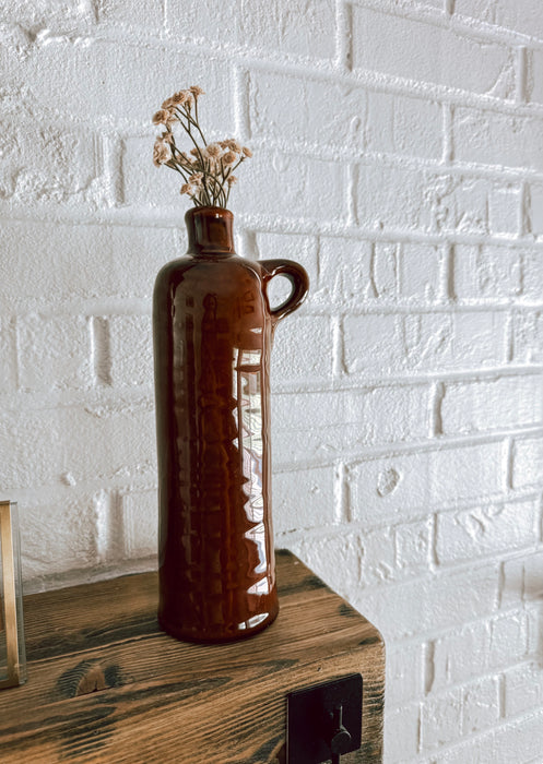 Vintage Mid-Century Brown Glazed Ceramic Vase with Handle – Rustic Earth-Tone Bud Vase