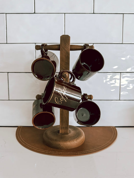 Rustic Wood Coffee Mug Holder with 6 Glossy Black Ceramic Mugs – Farmhouse Coffee Bar Decor