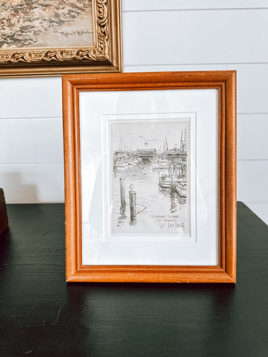 Framed Fisherman’s Wharf San Francisco Sketch Print – Coastal Vintage Wall Art