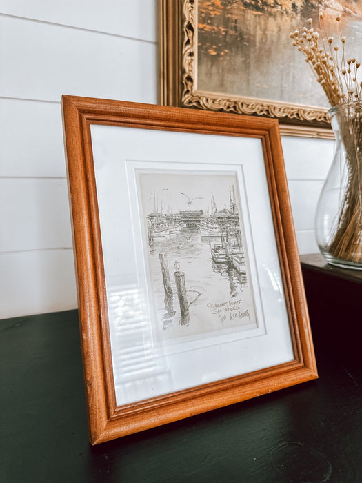 Framed Fisherman’s Wharf San Francisco Sketch Print – Coastal Vintage Wall Art
