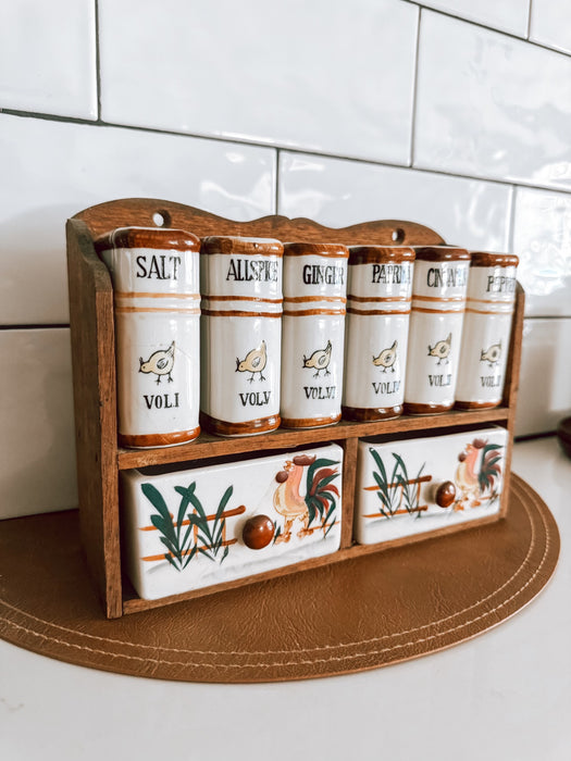 Vintage Mid-Century Spice Rack Set with Rooster Design – 6 Ceramic Jars + Drawers