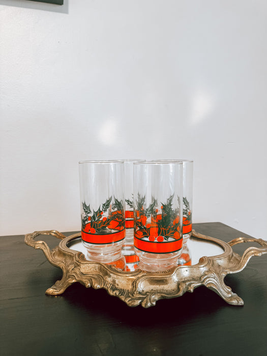 Set of 4 Vintage Glass Christmas Holly Berry Drinking Glasses Tumblers