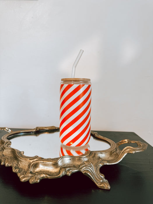 Peppermint Stripe Glass Tumbler with Bamboo Lid and Straw - Christmas Holiday Drinkware