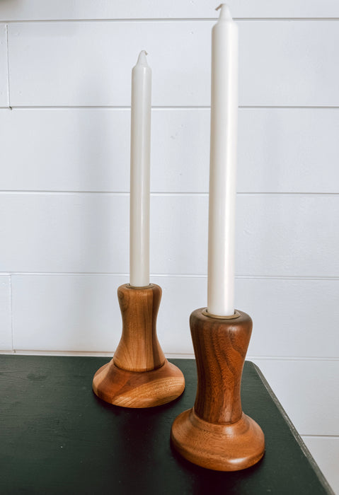 Hand-Turned Wooden Taper Candle Holders – Set of 2 | Mid-Century Modern Decor | Walnut & Cherry Mixed Wood | Rustic Table Centerpiece