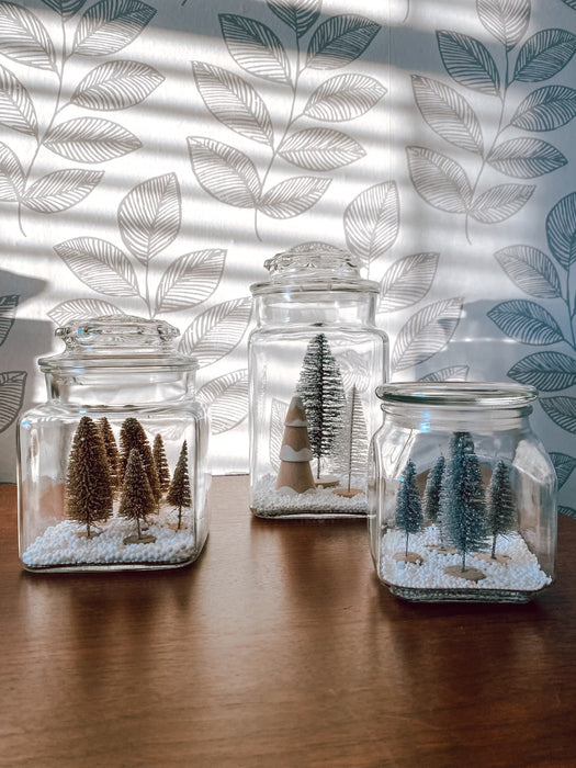 Bottle Brush Christmas Trees Snow Jars