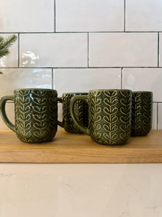 Green Leaf Design Coffee Mugs Set of 4