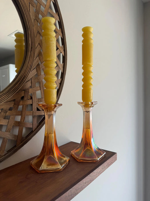 Iridescent Glass Candle Holders with Candles | Vintage-Style Set of 2