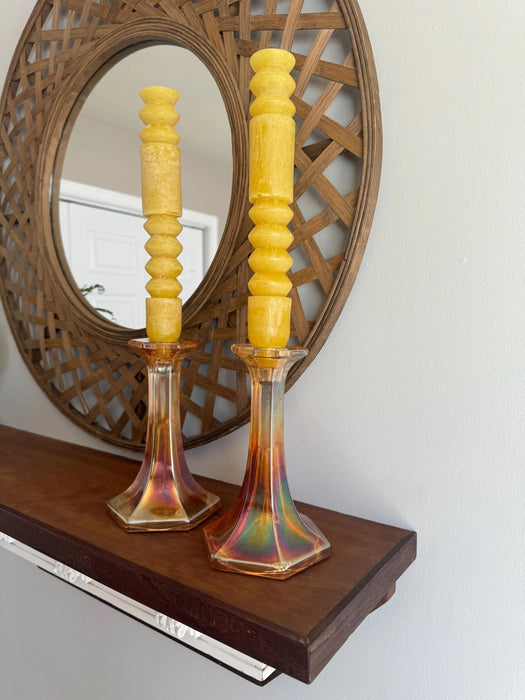 Iridescent Glass Candle Holders with Candles | Vintage-Style Set of 2